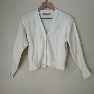 Zara Womens White Cropped Cardigan Button Front Rib Sweater Basic Top Size Small
